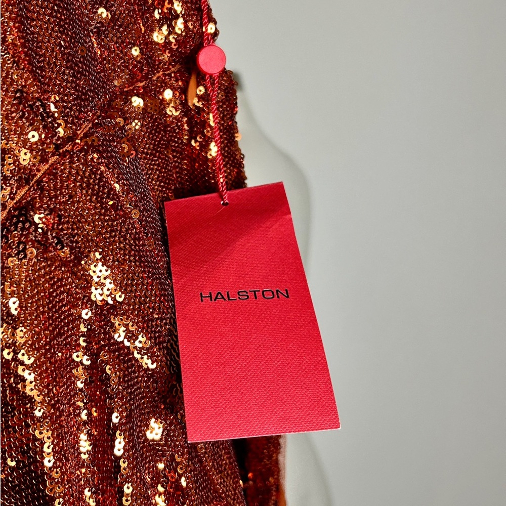 NWT Halston Copper Sequin Halter V Gown Dress Heart Buckle Sleeveless Size 14 - Picture 11 of 13